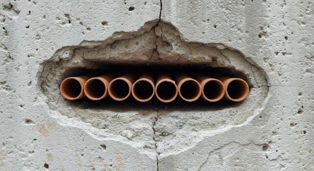 Buried pipe in concrete wall construction photo
