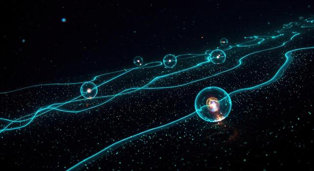 Abstract particle network connection with glowing spheres on dark background photo