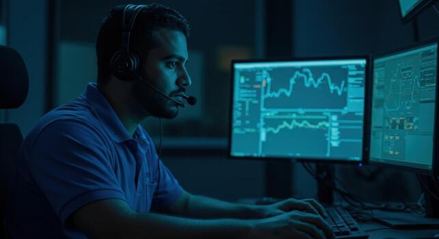 Man working with financial data on computer monitors photo
