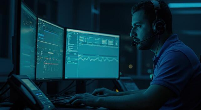Man working at computer with multiple screens in dark room photo