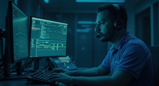Man working at computer coding in dark room with blue light photo