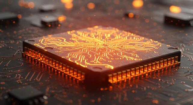 Microchip processor close up with golden circuitry photo