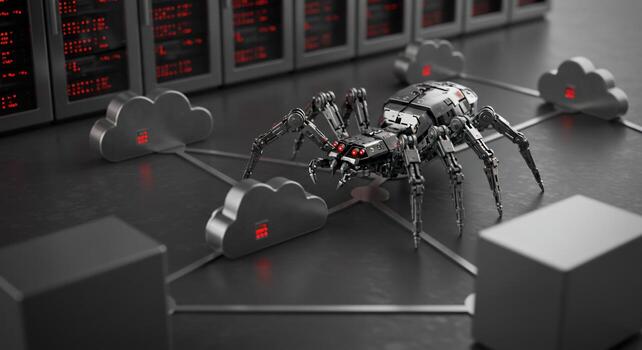 Cybersecurity threat robotic spider crawling data network servers cloud computing photo