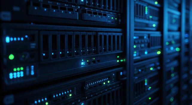 Server racks hosting data storage and network connectivity in dark environment photo