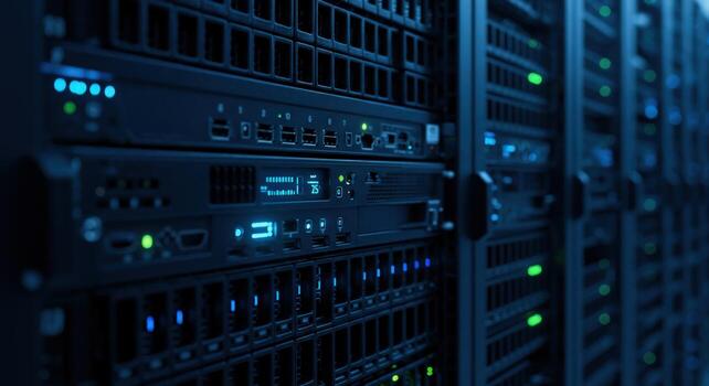 Data server room with rows of rack servers for it and cloud computing photo