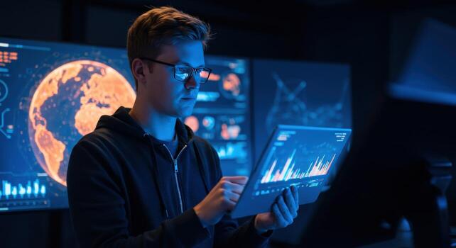Man analyzes data on tablet in front of multiple screens displaying charts and a globe photo