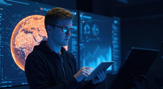 Data analyst using tablet in front of multiple screens displaying earth and analytics photo
