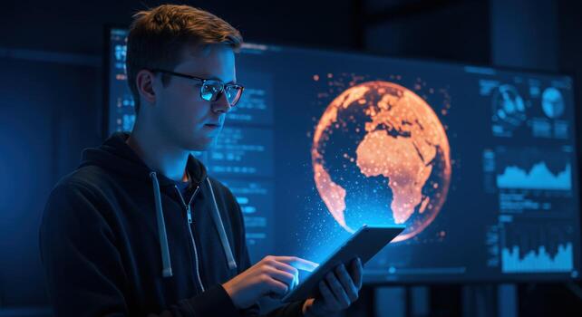 Global network technology concept with man using tablet photo