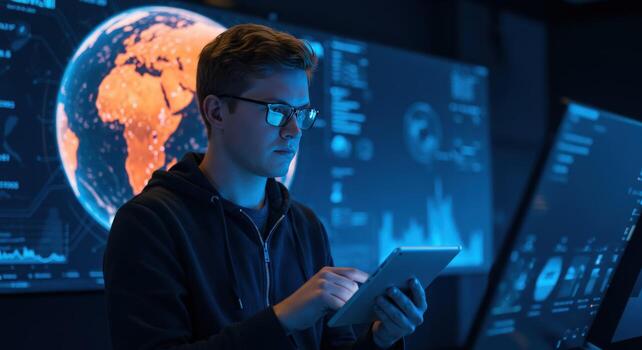 Data analysis with digital tablet and global data visualization photo