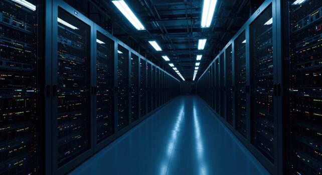 Server room data center with rows of rack servers and lighting photo