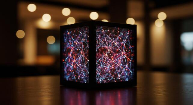 Abstract cube with interconnected lines and dots creative technology concept photo