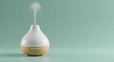 aroma difusor vaporizador con esencial petróleo y vapor para relajación en verde antecedentes foto