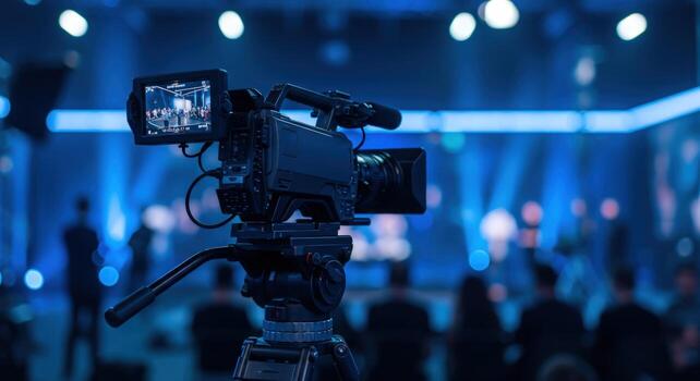 Professional camera recording event on tripod photo