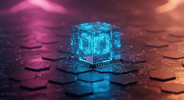 cuántico informática procesador con azul holográfico cubo futuro tecnología foto