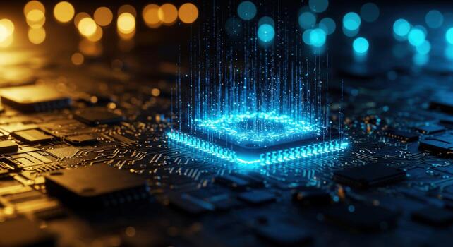 Central processing unit with glowing data stream technology photo