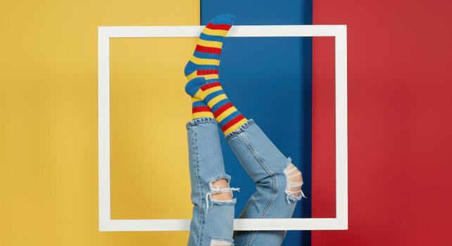 Legs upside down in striped socks and ripped jeans with colorful background photo