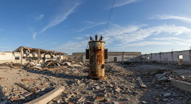 Urban decay ruined building with transformer and debris photo
