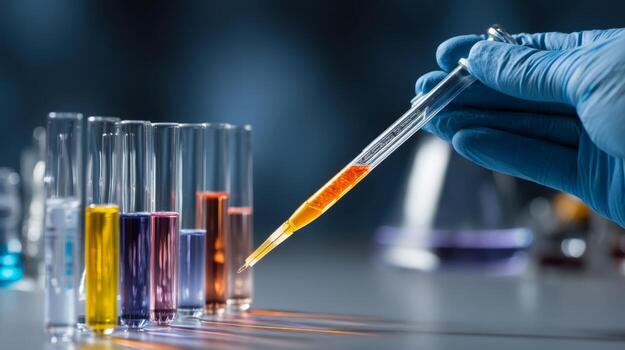 Science lab experiment research with test tubes and pipette for medical and chemical analysis photo