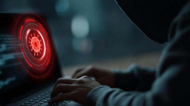 Cybersecurity threat covid virus hacker attack laptop data breach online security digital crime protection photo