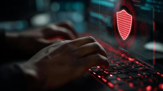 Cyber security concept of person typing on keyboard with shield icon for data protection online safety photo