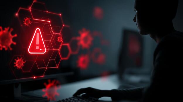 Cyber security threat detection and prevention system with red warning alert on computer screen one hundred photo