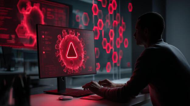 Cybersecurity threat detection system alert on computer screen for data breach prevention and analysis photo