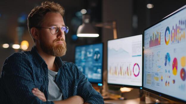 Man analyzing data charts on computer screens for business intelligence and data analytics insights photo