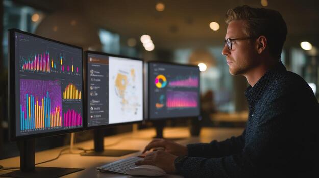 Man analyzing data dashboards on multiple computer screens for business intelligence insight photo