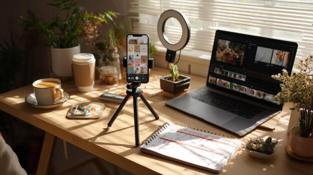 Optimize your workspace for content creation phone tripod laptop and ring light productivity tips and tricks photo