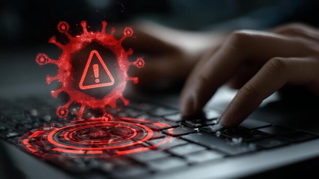 Cybersecurity threat virus attack on laptop computer online safety and data protection concept alert system photo