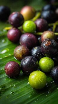 Fresh java plum fruit close up on green leaf background healthy food and tropical fruit concept image photo