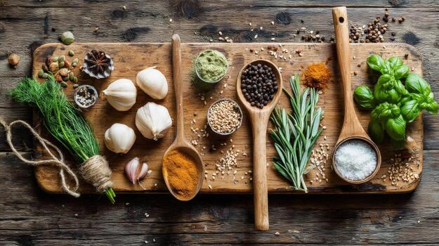 Fresh herbs and spices still life photography for culinary blog or cooking recipe website header image photo