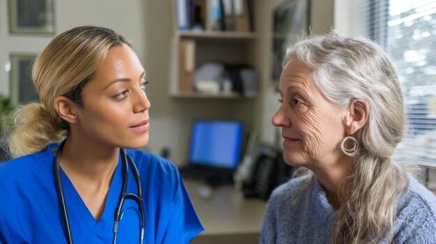 Nurse practitioner consulting with senior patient about healthcare and wellness program options available photo