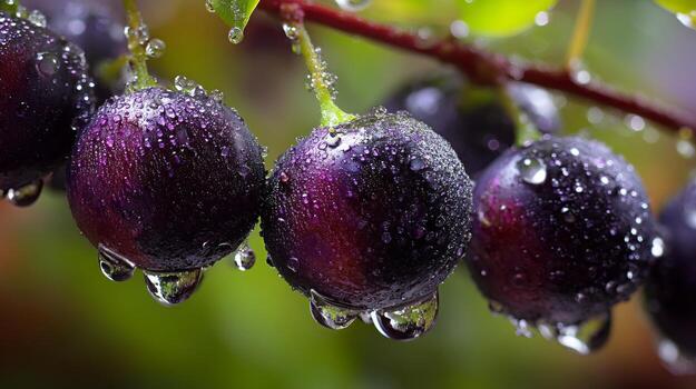 Fresh wet java plum fruit macro shot with water droplets for healthy eating and nature photography photo
