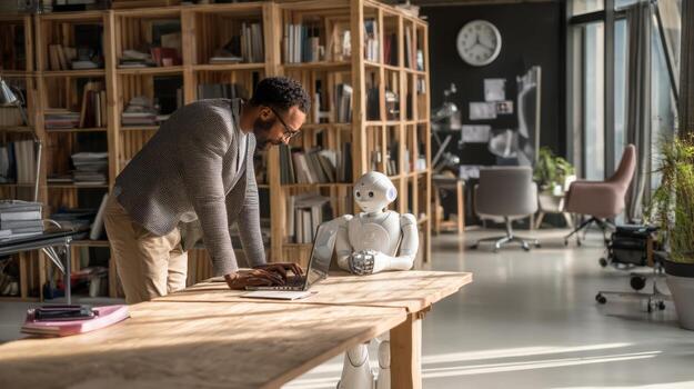 Human and robot working together on laptop in modern office ai and automation in the workplace concept photo