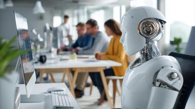 Ai robot working in office with humans future of work automation and technology innovation concept photo