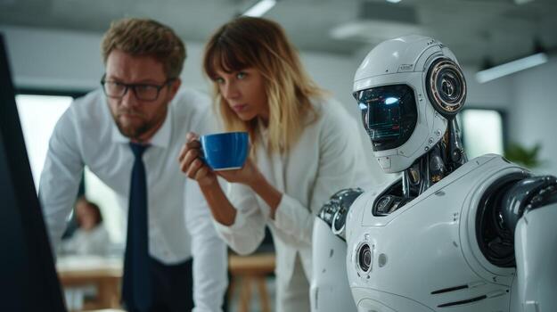 Ai robot working with humans in office futuristic technology collaboration and teamwork concept image photo
