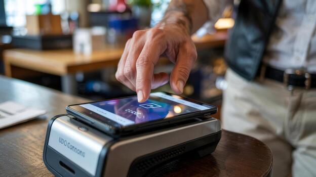 Contactless payment using smartphone on pos terminal for secure transaction at retail store checkout photo