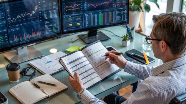 Analyzing stock market data graphs charts for investment strategy and financial planning success at desk photo