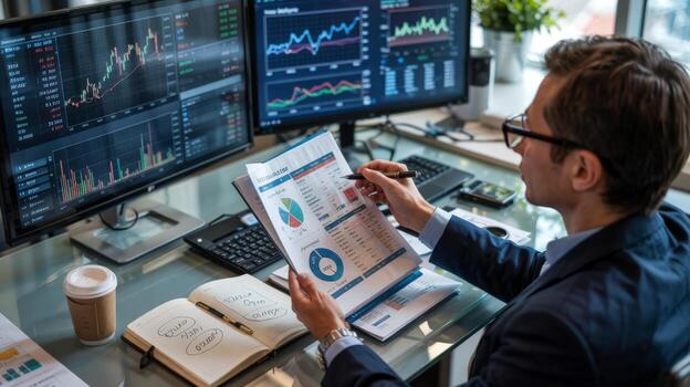 Stock market analysis and trading professional analyzing charts and financial data on multiple monitors photo