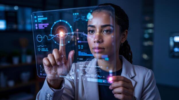Young woman interacting with a futuristic transparent screen technology interface display innovation design photo
