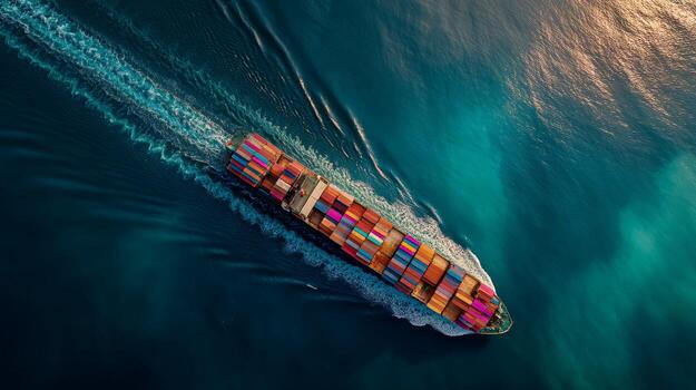 Container ship transporting cargo across the ocean aerial view of global trade and logistics network photo