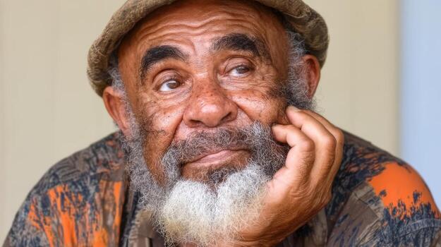 Portrait of thoughtful senior man with beard and hat looking up in contemplation pose close up view photo