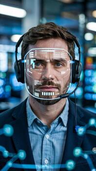 Futuristic technology concept man with augmented reality glasses and headset in control room setting photo