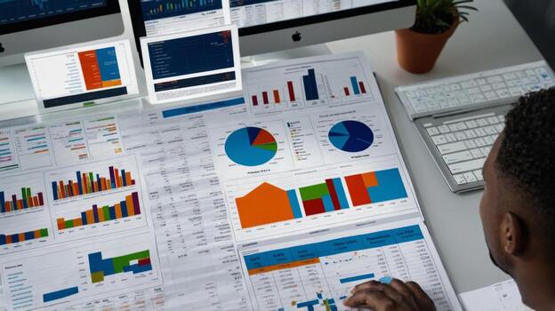 Analyzing financial data reports charts and graphs for business intelligence and investment strategies photo