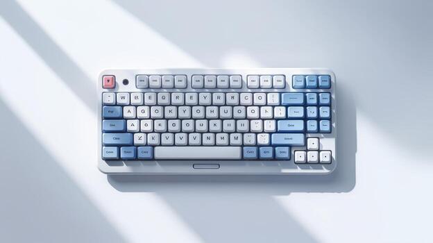 Ergonomic mechanical keyboard gaming pc setup custom keyboard with blue and white keycaps aesthetic design photo