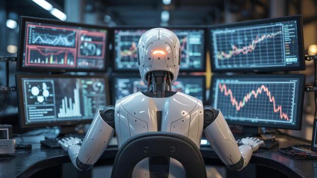Ai robot stock market trader analyzing data charts and graphs on multiple computer screens for investment photo