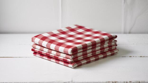 Red and white gingham napkins stack kitchen linens fabric checkered pattern picnic table setting cloth square photo