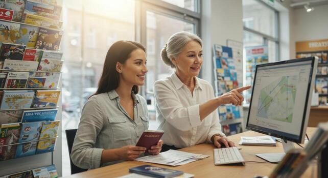 Two women in front of a computer screen photo