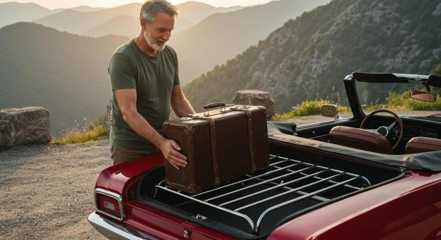 Man loading suitcase into car trunk photo